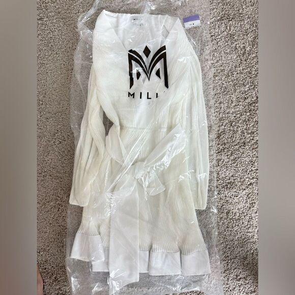 NWOT Milly Liv Long-Sleeve V-Neck Pleated Belted Mini Dress, size US6/UK10 - Picture 14 of 15